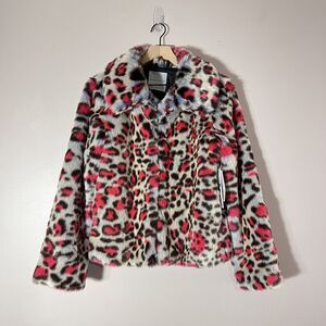 Bagatelle Pink and Blue Leopard Animal Print Faux Fur Jacket Women's Size S NWT